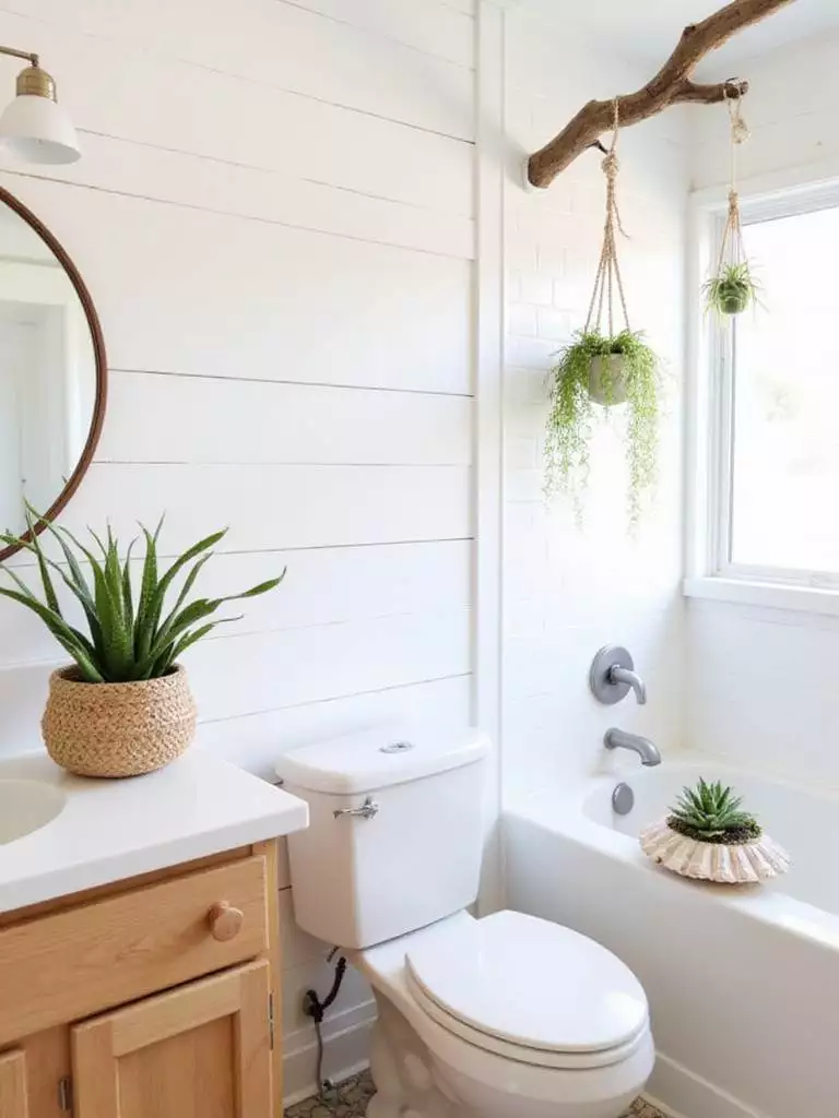 Coastal bathroom renovation featuring low-maintenance plants like snake plant, air plants, and succulents.