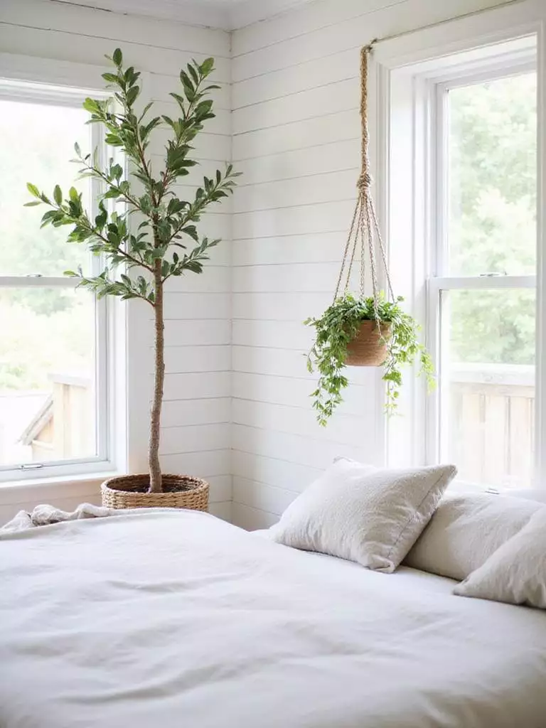 Farmhouse bedroom decor with lush greenery, featuring an olive tree, hanging pothos, and wildflower bouquet.