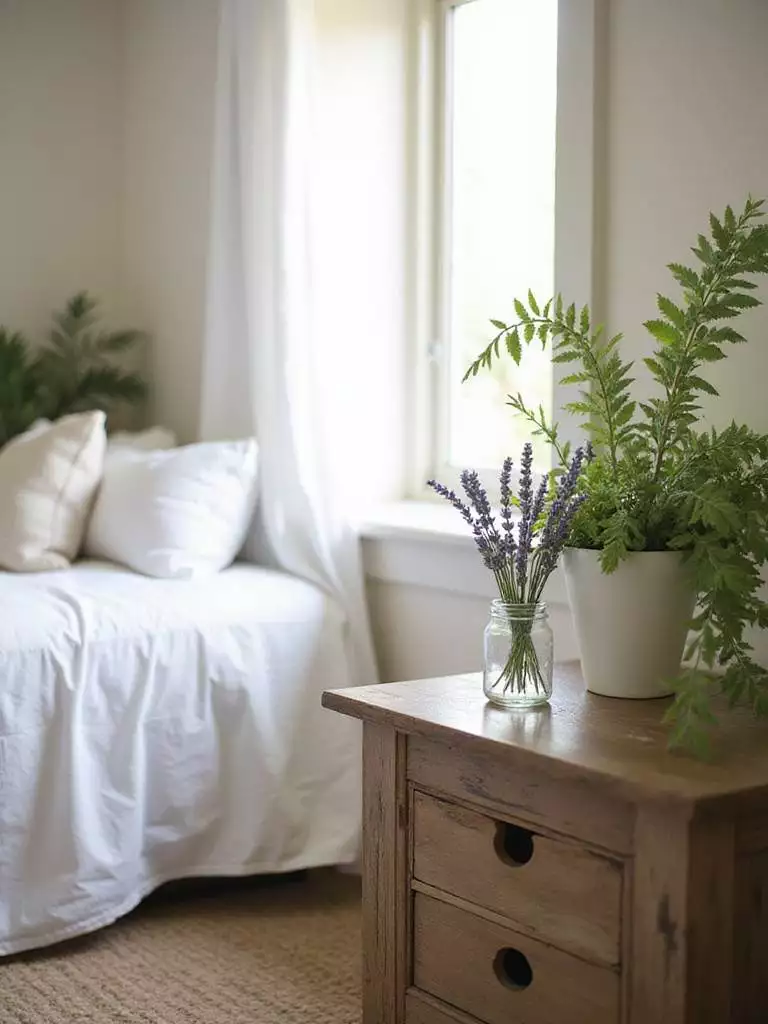 Farmhouse bedroom nightstand with lavender in mason jar and fern in white pot.