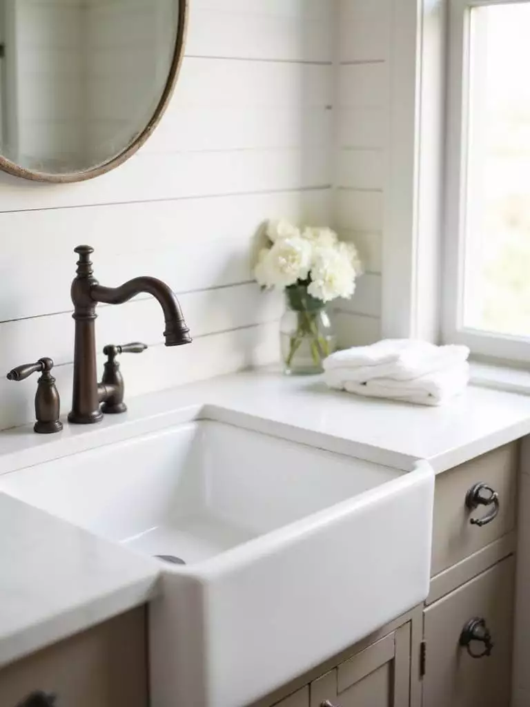 Oil-rubbed bronze gooseneck faucet on a white farmhouse sink in a farmhouse bathroom