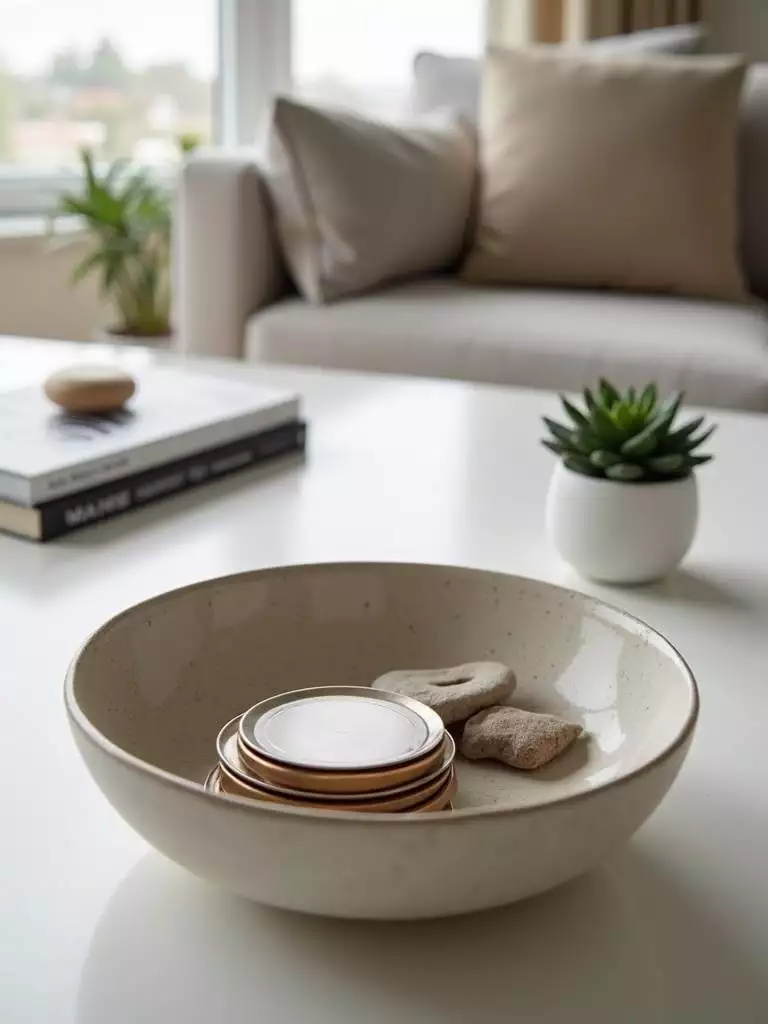 Stylish ceramic bowl on a coffee table holding remote controls, coasters, and decorative stones.