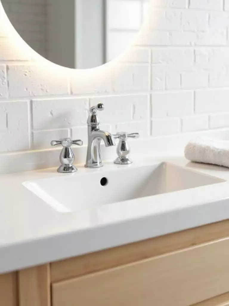 Classic white ceramic undermount bathroom sink with light wood vanity