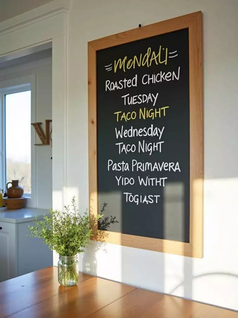 Charming chalkboard menu displaying weekly meals in a modern farmhouse kitchen