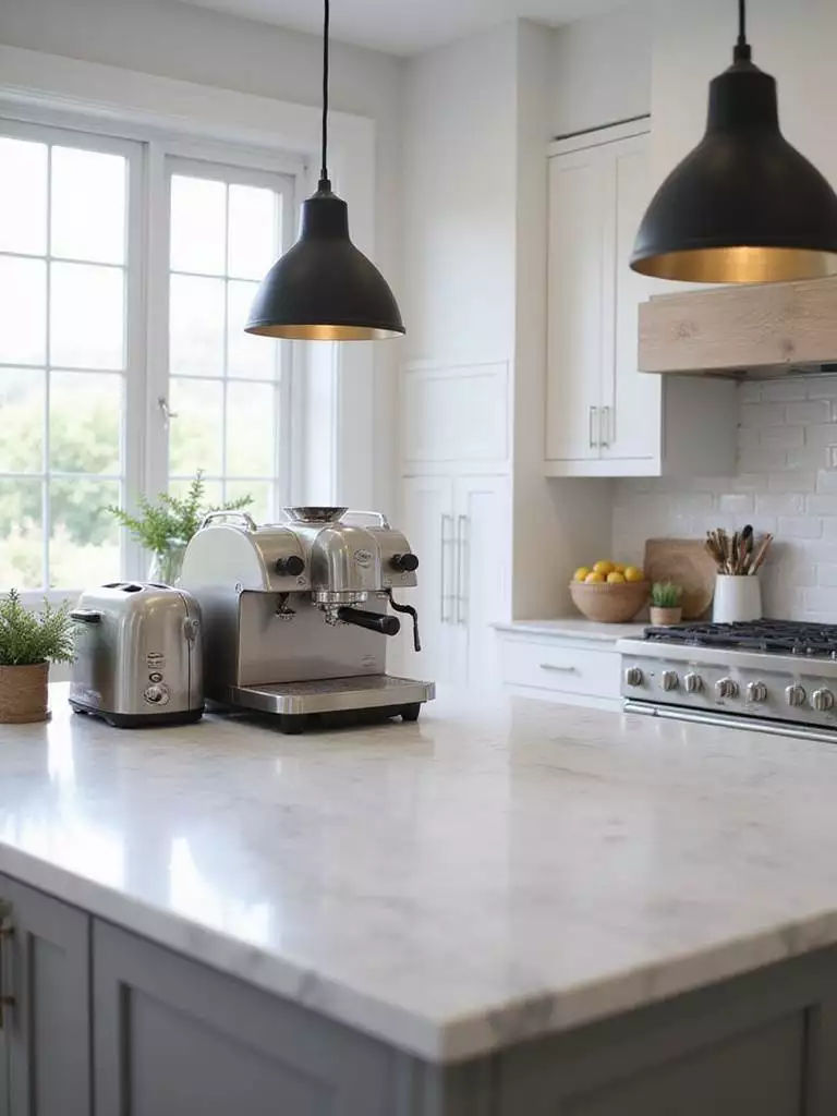 Modern kitchen island featuring stylish stainless steel espresso machine and toaster.