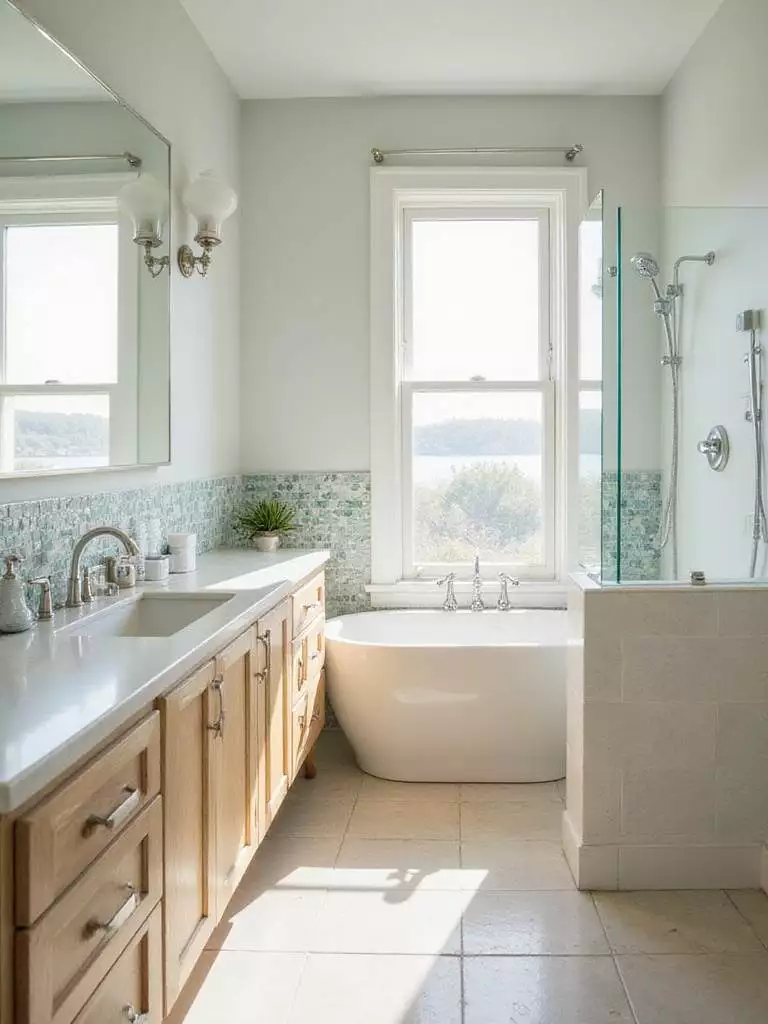 Coastal bathroom design featuring durable, water-resistant materials like quartz countertops, porcelain tile flooring, and marine-grade plywood cabinets.