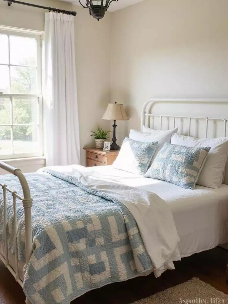 Farmhouse bedroom with light blue and white patchwork quilted bedspread on a metal bed frame.