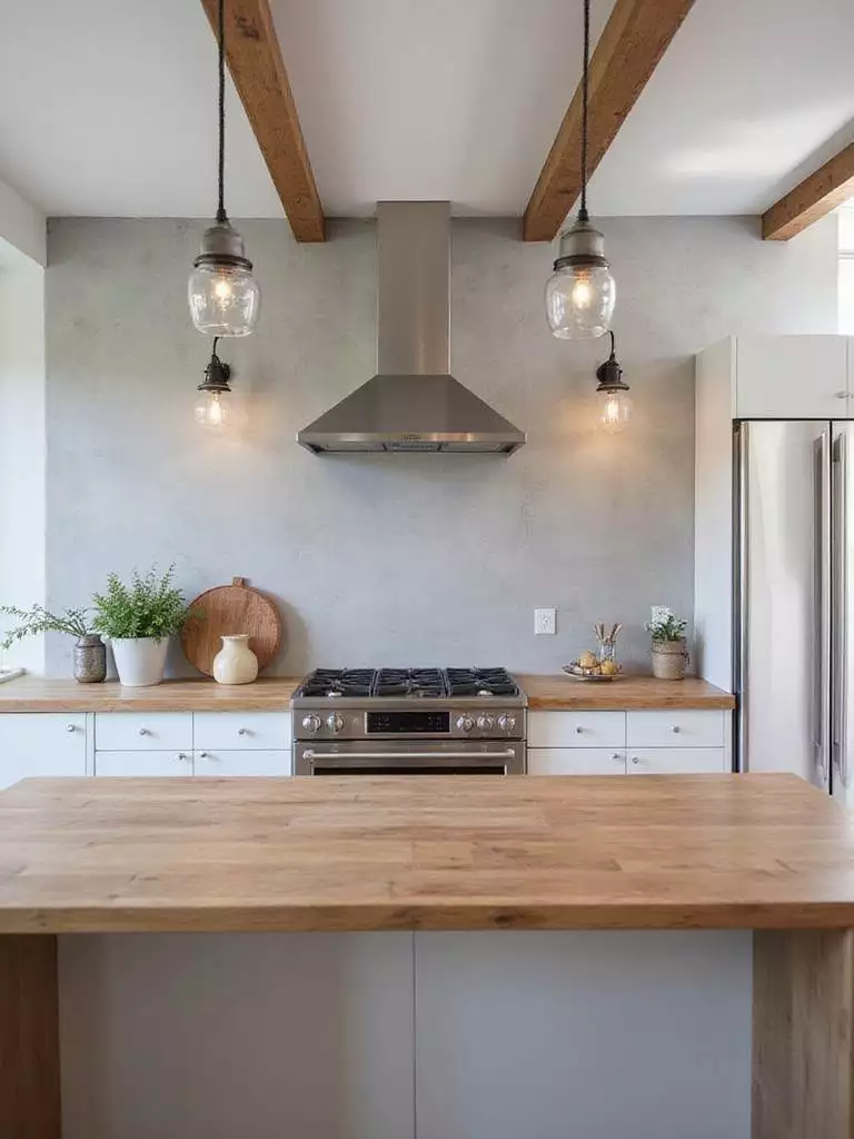 Modern kitchen with light gray concrete backsplash, stainless steel appliances, and butcher block countertop.