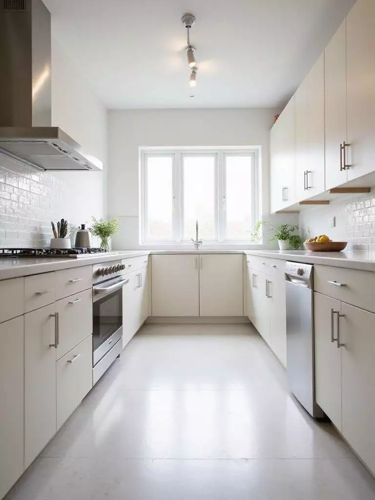 Small galley kitchen with light cabinetry and stainless steel appliances, maximizing space efficiency.