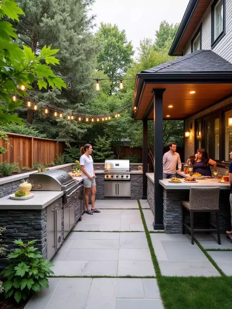 Modern backyard patio with outdoor kitchen and grill station for entertaining