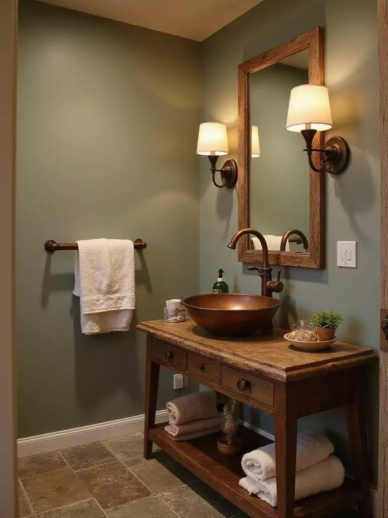 Rustic bathroom with copper vessel sink and reclaimed wood vanity.