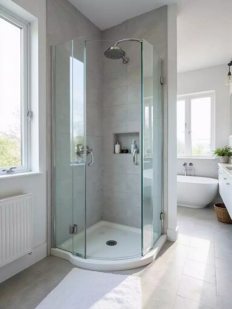 Modern bathroom with a frameless corner shower enclosure.