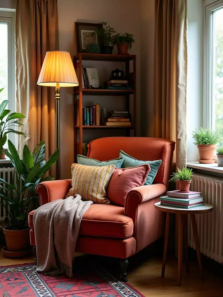 Eclectic living room corner with cozy reading nook featuring velvet armchair, patterned throw blanket, bookshelves, and Moroccan rug.