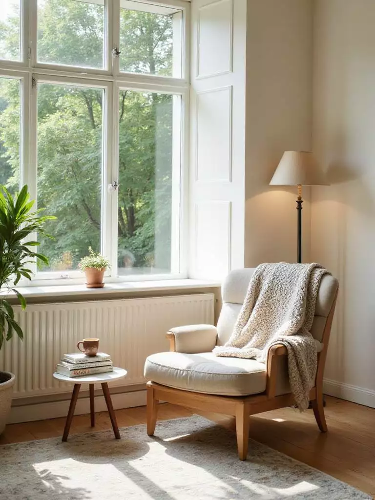 Cozy bedroom corner with armchair, side table, and window overlooking a garden.