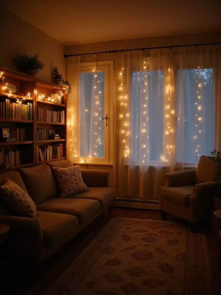 Cozy living room with string lights draped along a bookshelf and behind curtains.