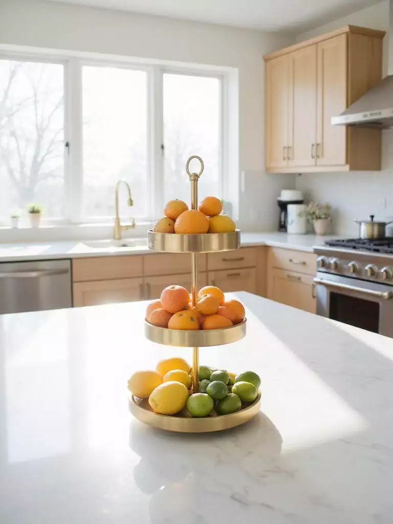 Three-tiered stand displaying colorful citrus fruits on a kitchen island
