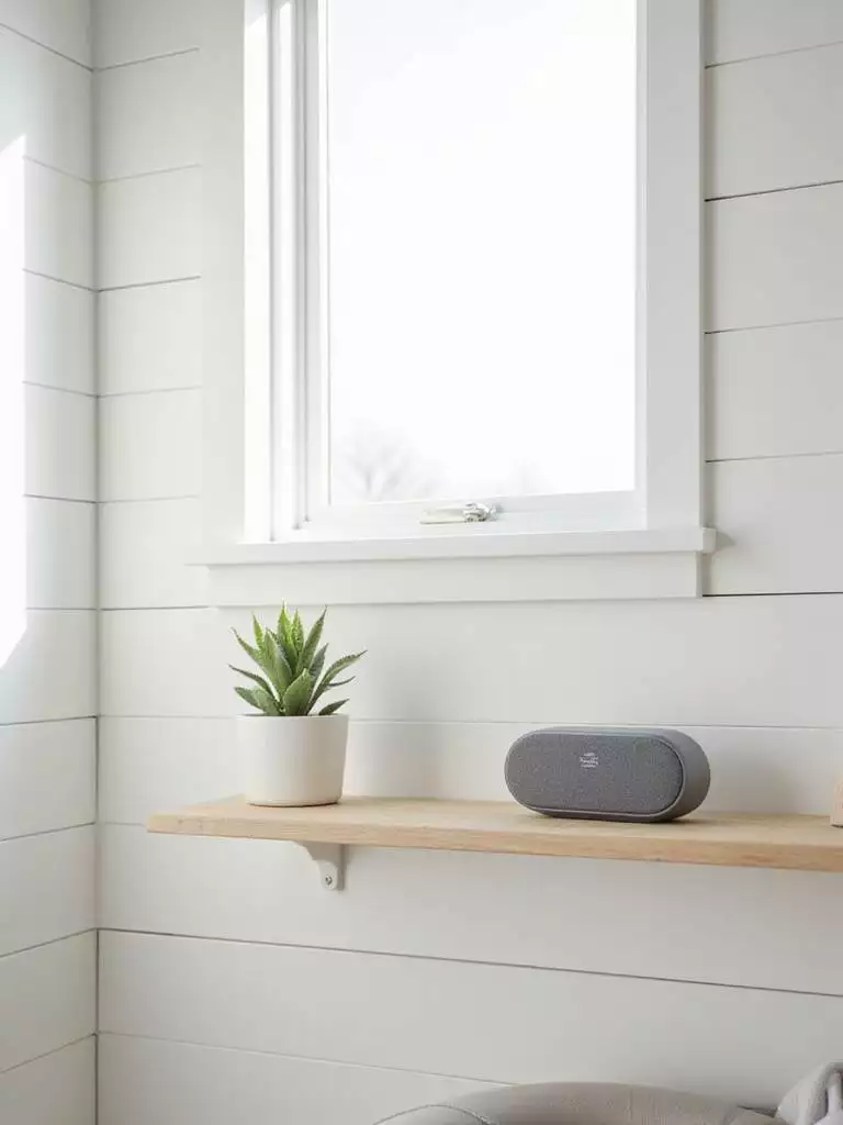 Relaxing coastal bathroom with Bluetooth speaker playing ocean sounds