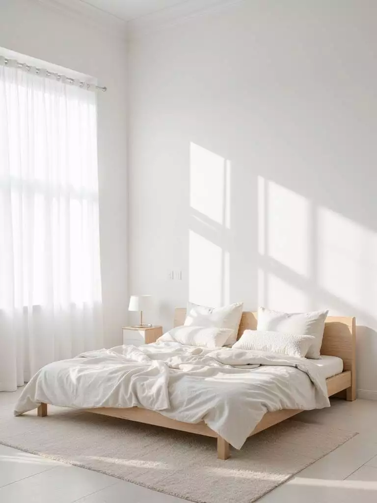 Serene white bedroom with crisp white walls, bathed in soft natural light.