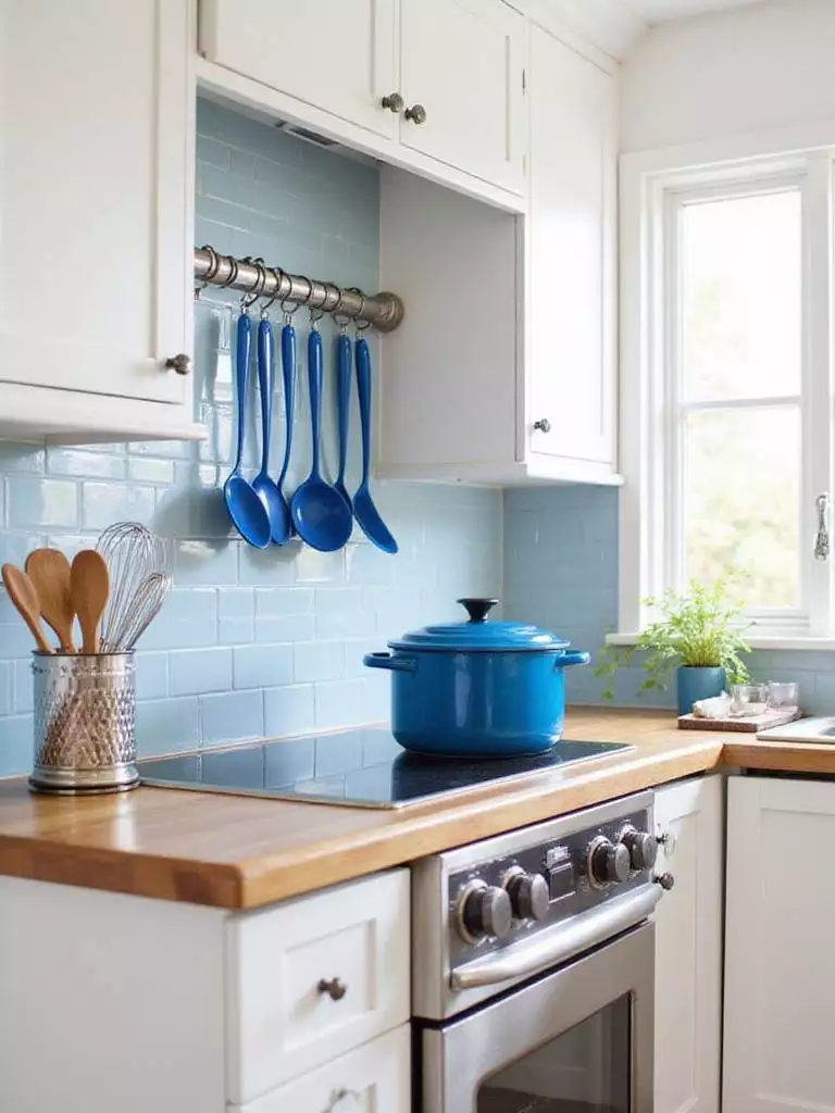 Blue Dutch oven and blue utensils in a white and wood kitchen