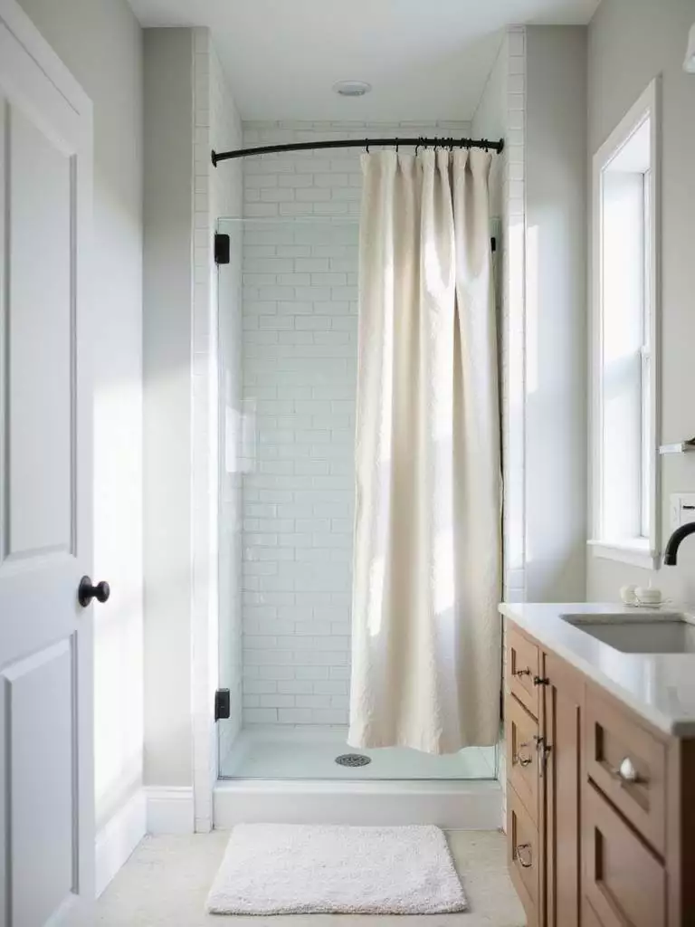 Modern bathroom featuring a new linen shower curtain