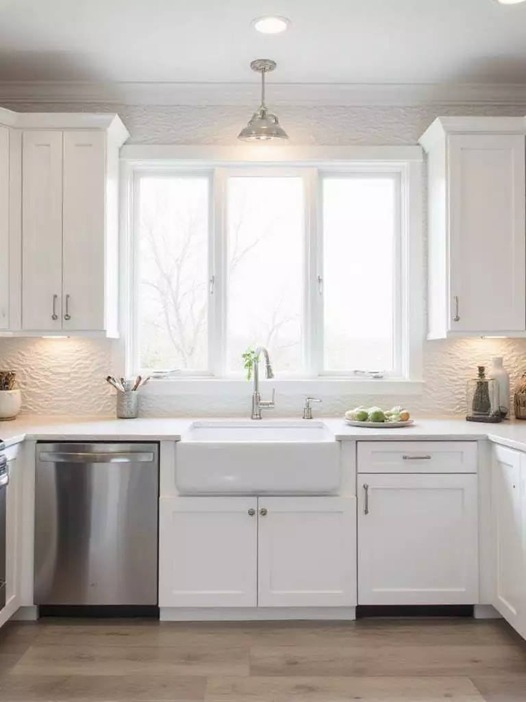 Contemporary kitchen backsplash featuring white 3D textured wave tiles creating depth and visual interest.
