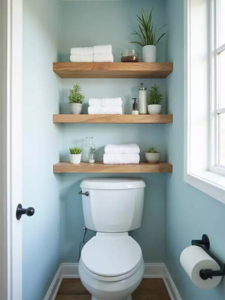 Custom-built natural wood over-the-toilet shelf with towels, plants, and decorative items in a modern bathroom.
