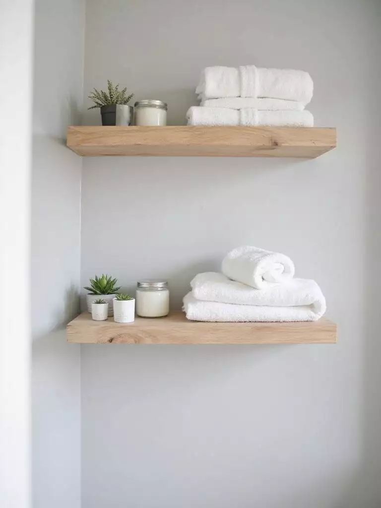 DIY floating shelves in a modern bathroom, showcasing budget-friendly storage solutions.