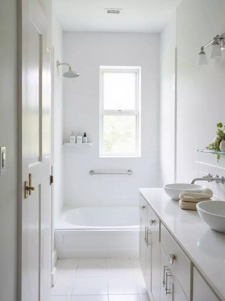 Clean and decluttered bathroom vanity and shower showcasing a zero-dollar renovation tactic.