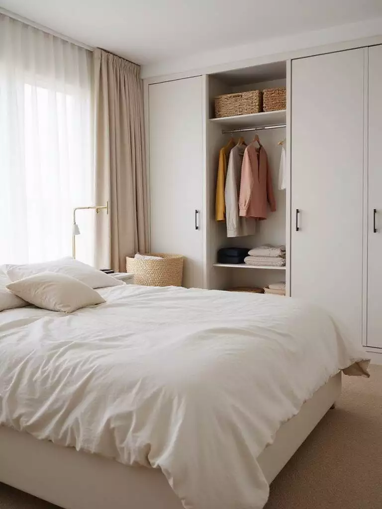 Calm and uncluttered minimalist bedroom featuring a neatly organized bed, closet, and nightstand.