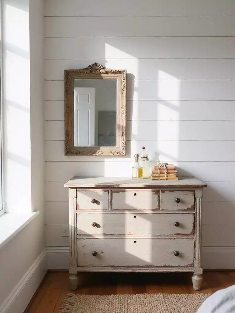 Farmhouse bedroom featuring a vintage dresser with antique perfume bottles and books.