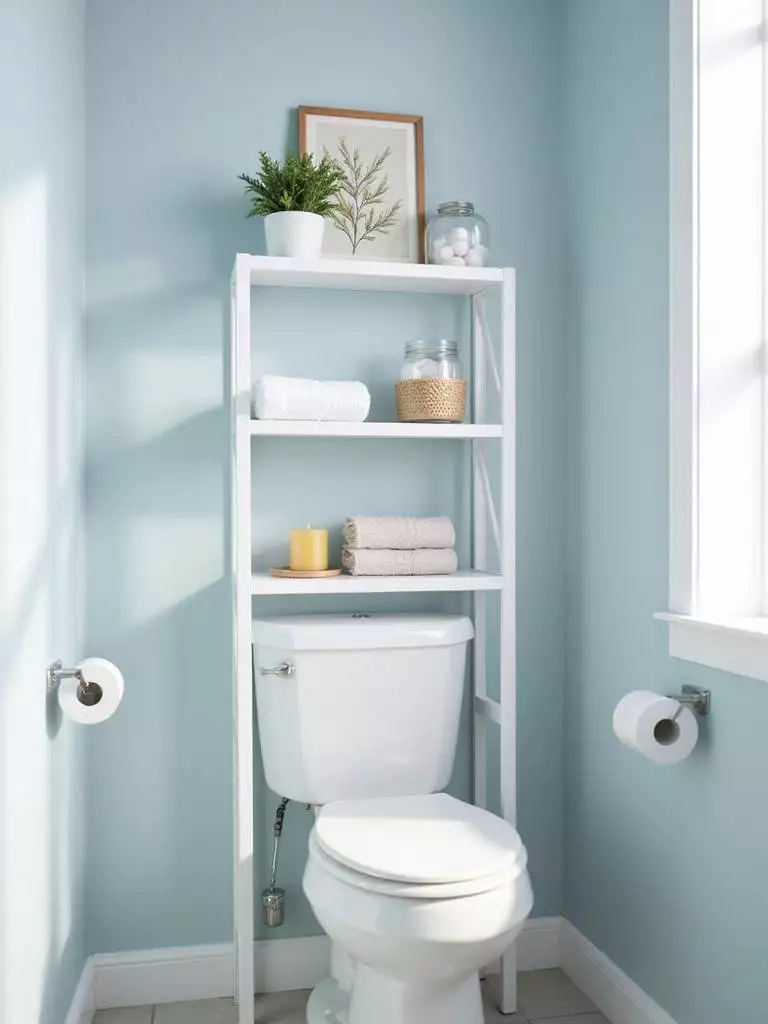 Over-toilet shelf decorated with plants, towels, artwork, and storage jars in a bright bathroom.