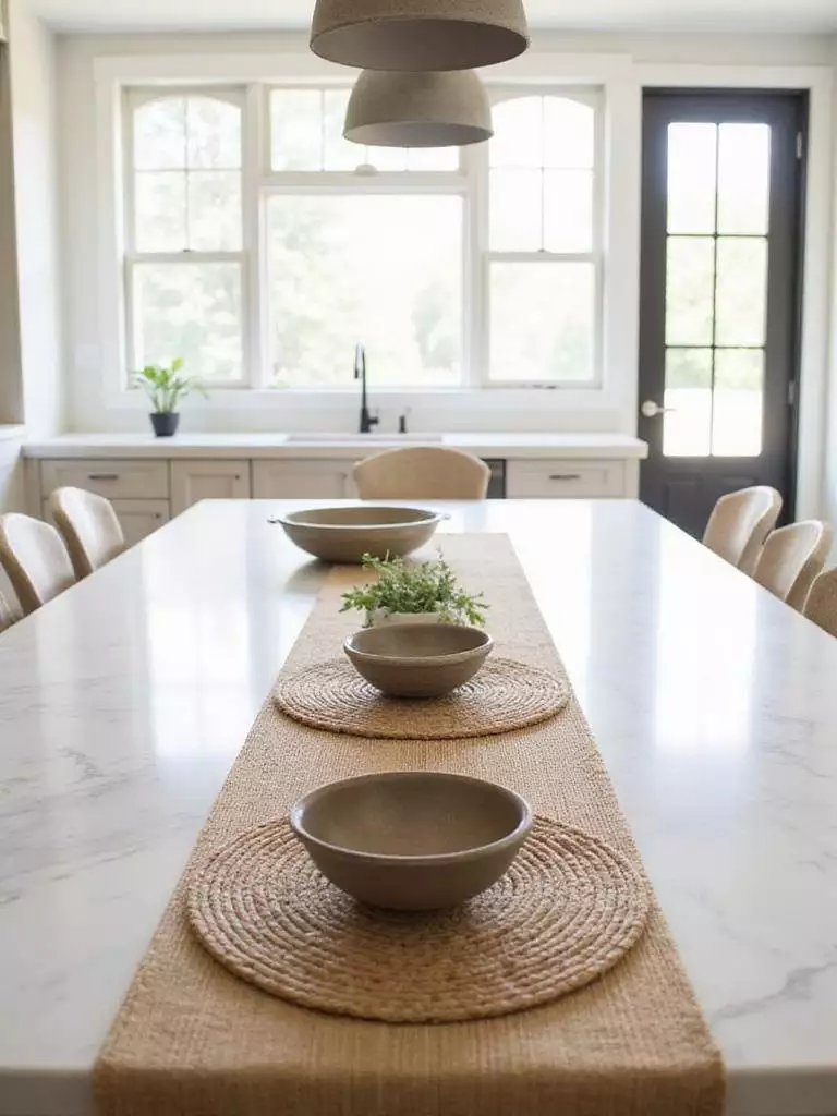 Kitchen island decorated with a jute runner and woven placemats.