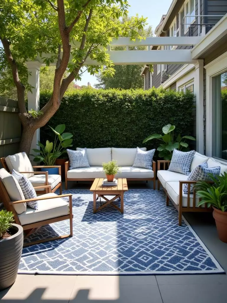 Stylish backyard patio with blue and white patterned outdoor rug defining the seating area.