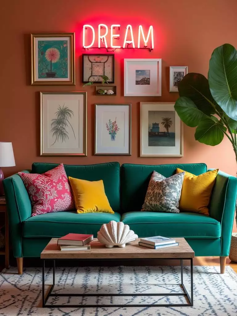 Eclectic living room featuring a mix of vintage, modern, and unexpected elements, showcasing design disruption.