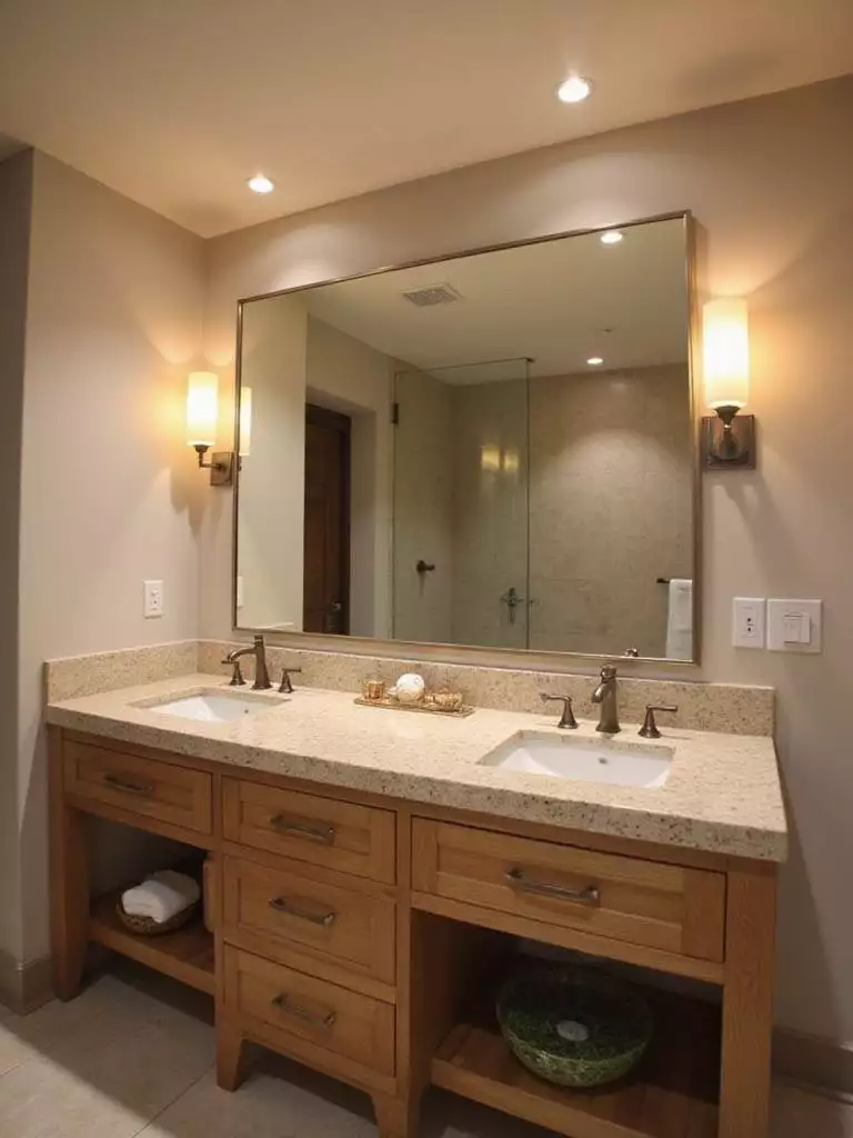 Modern bathroom with dimmable vanity lights and recessed lighting, creating a relaxing and adjustable atmosphere.