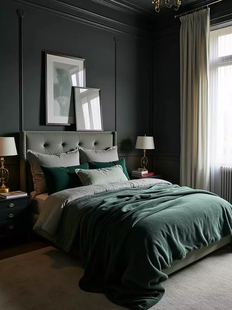 Moody and dramatic bedroom with charcoal gray walls, emerald green accents, and gold lighting.