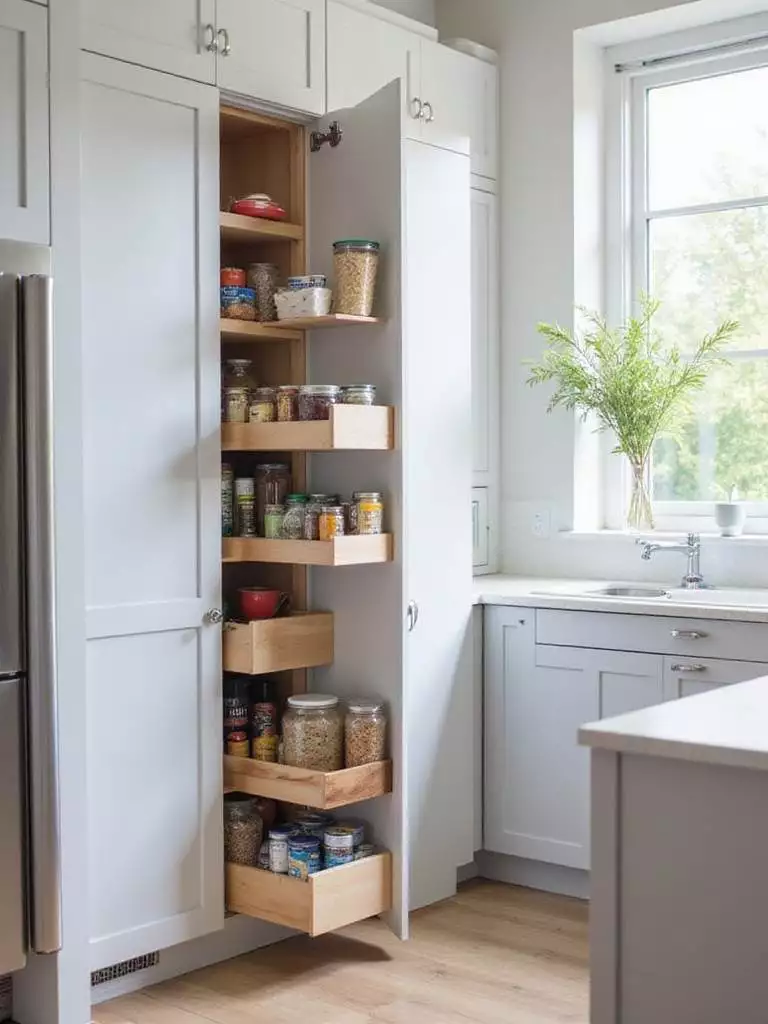 Pull-out pantry filled with organized food storage in a small kitchen.