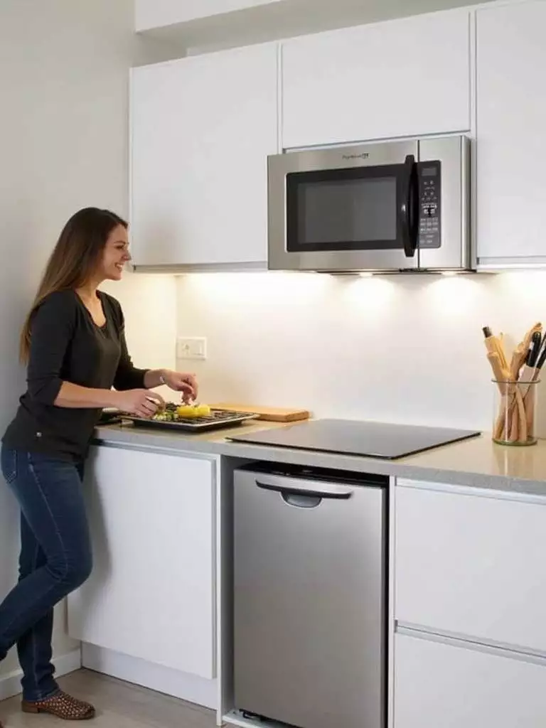 Small kitchen design with compact appliances maximizing space and functionality.