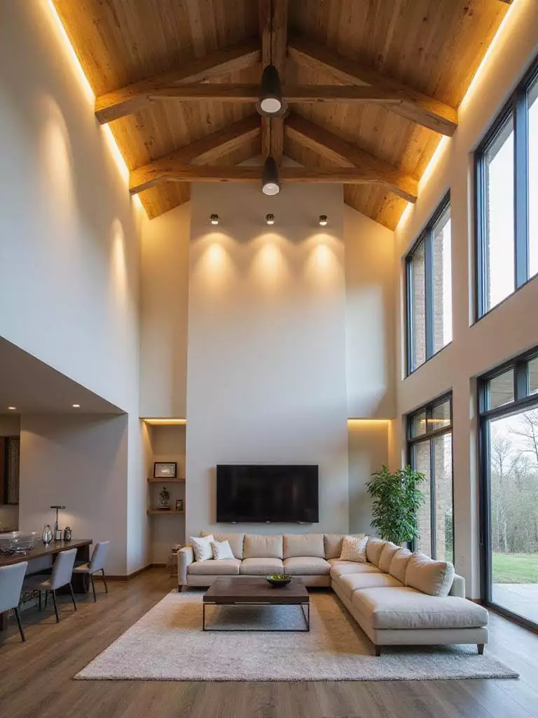 Living room with high ceilings illuminated by uplighting techniques, including LED strip lighting and spotlights.