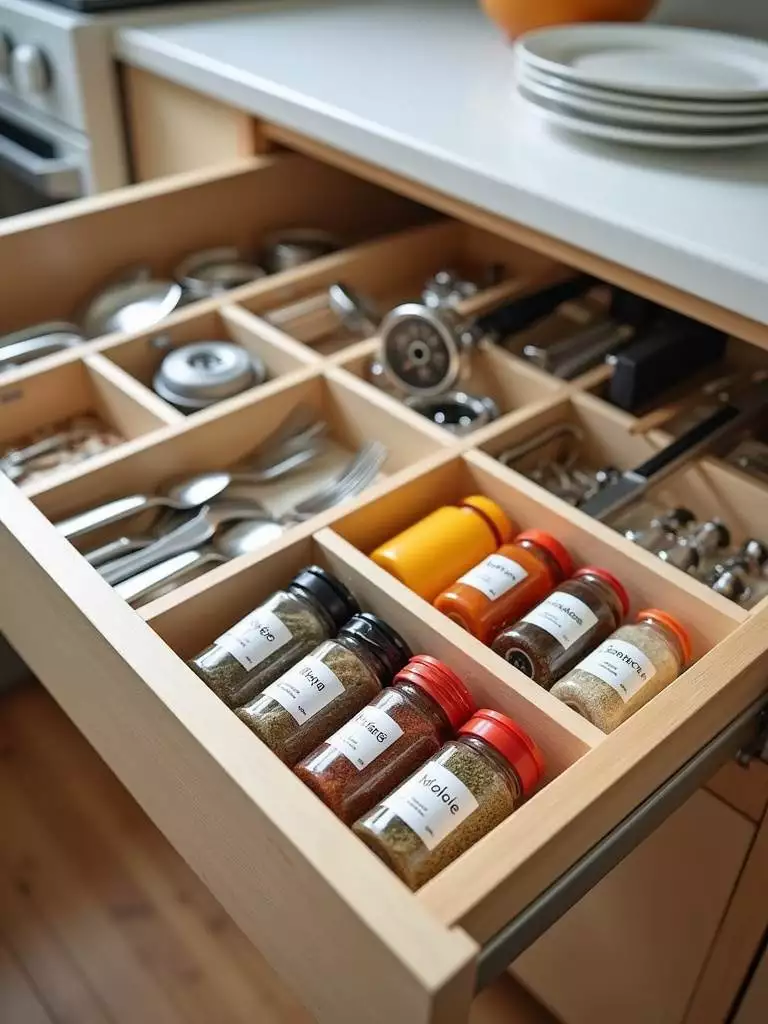Organized kitchen drawer with dividers, pegboard for plates, and spice rack to maximize space in a small kitchen