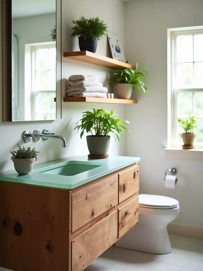 Eco-friendly bathroom vanity made from reclaimed wood and recycled glass.