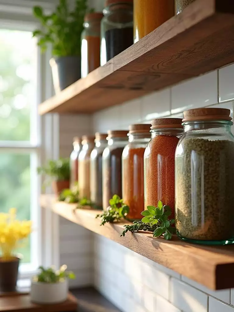 Elegant spice rack display on kitchen wall with colorful spices in glass jars.