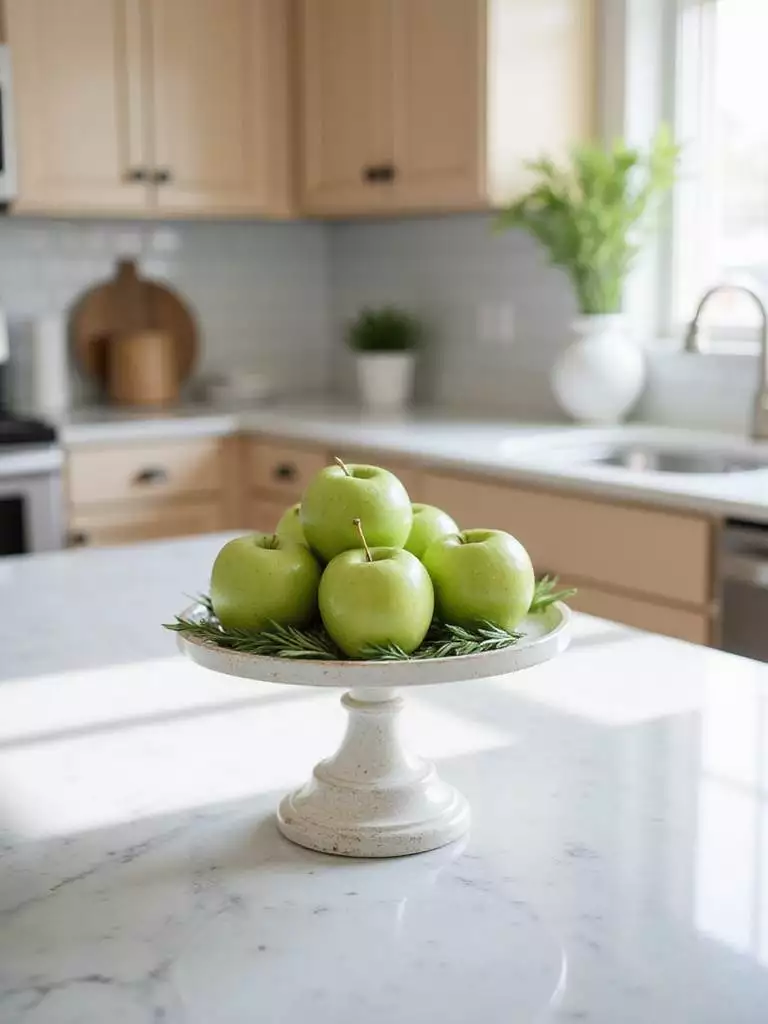 Cake stand with green apples on a kitchen island