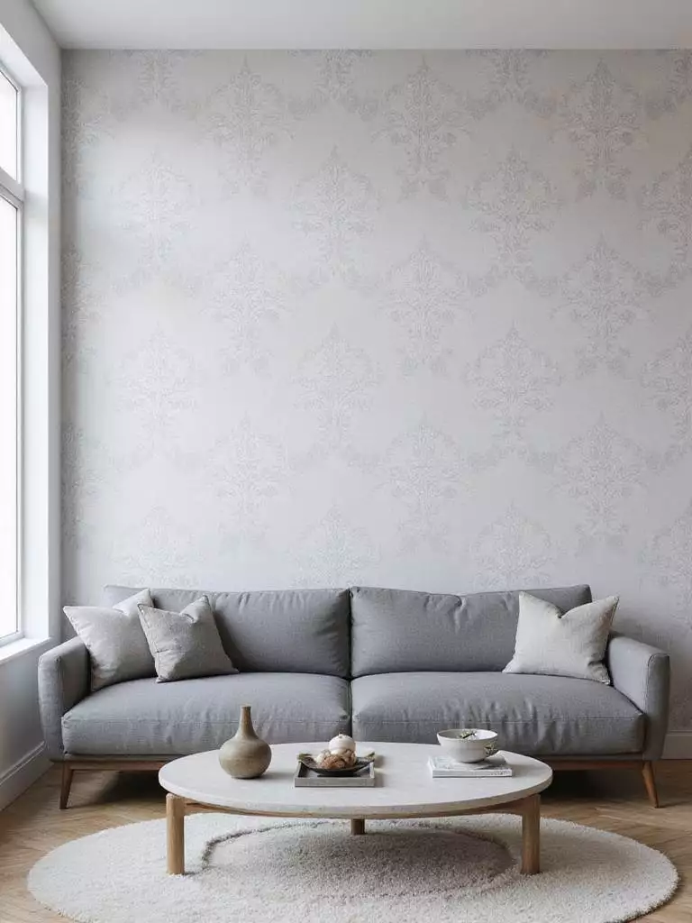 Elegant living room with grey damask wallpaper accent wall.
