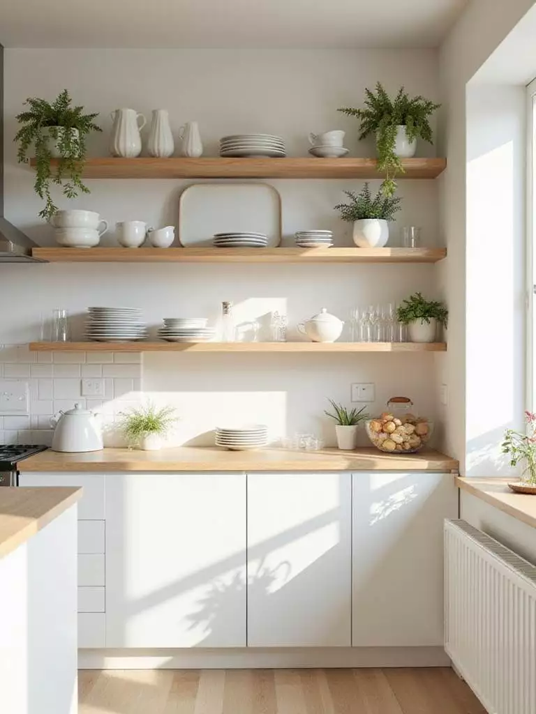 Small kitchen with light wood open shelving displaying white dishes and glassware, creating an airy feel.