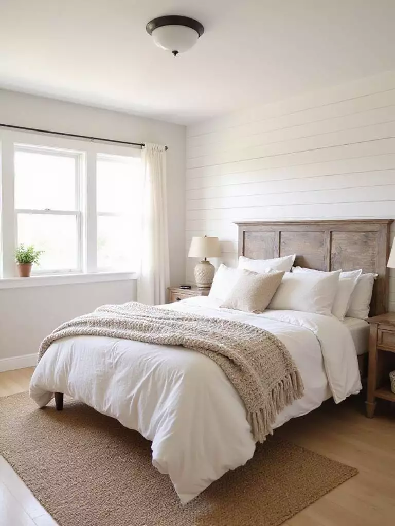 Serene farmhouse bedroom with neutral color palette and layered textures