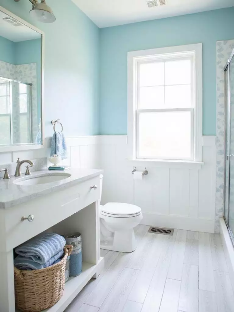 Coastal bathroom with soft blue walls and white wainscoting.