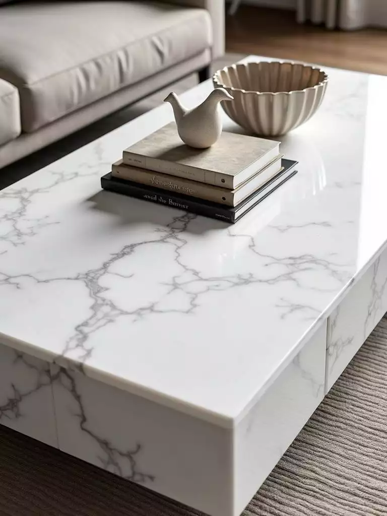 Coffee table styled with books, a ceramic bird, and a glass bowl, emphasizing negative space for a minimalist aesthetic.