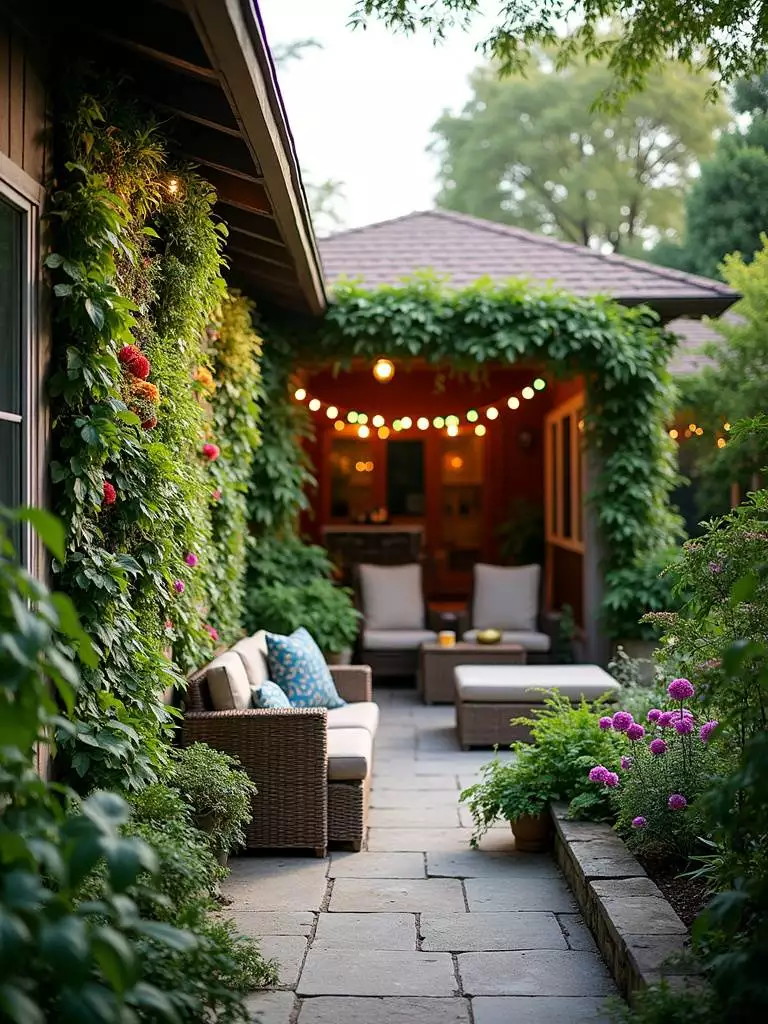 Lush green living wall provides privacy and beauty on a backyard patio.