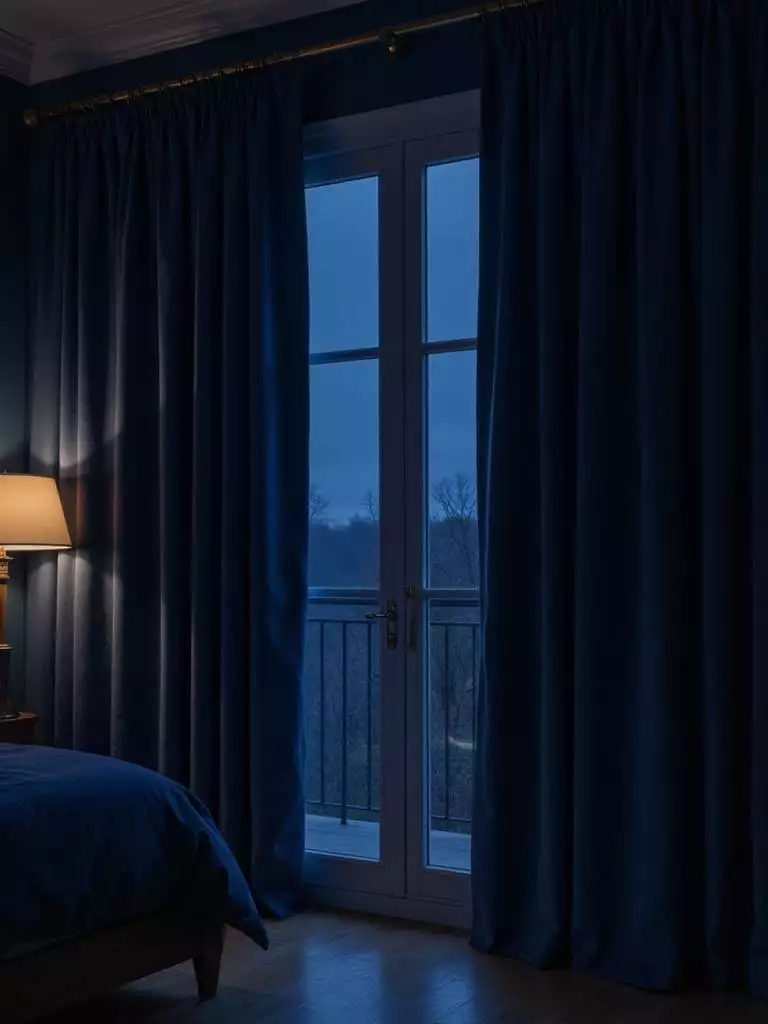 Master bedroom interior featuring dark blue velvet blackout curtains completely blocking out external light, creating a dark and peaceful environment.