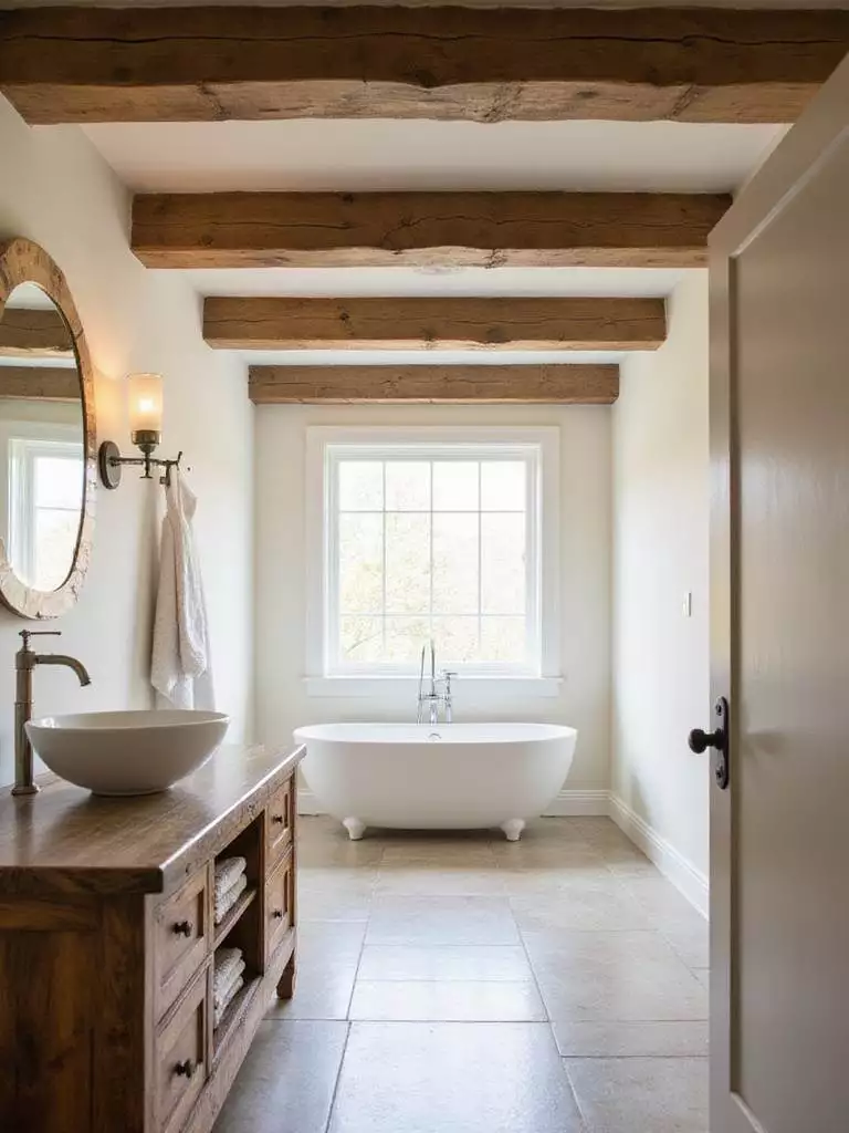 Rustic bathroom with exposed wood beams adding architectural charm.